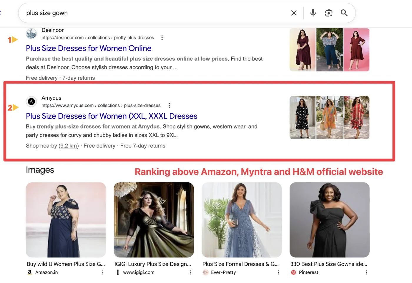 Live Google ranking screenshot — Amydus ranked #2 for 'plus size gown', above Amazon, Myntra and H&M, by Deep Bhardwaj's SEO team