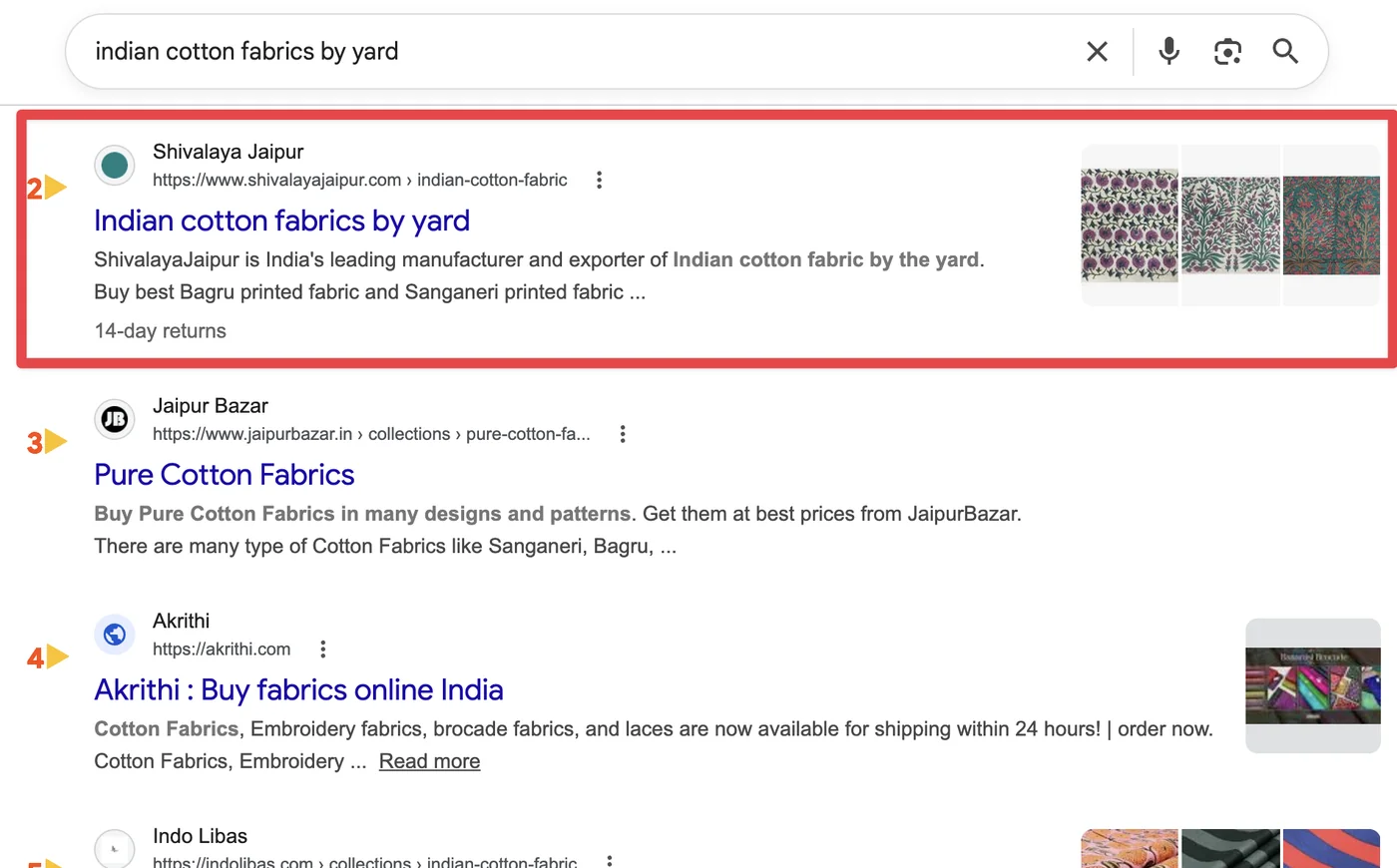 Live Google ranking screenshot — Shivalaya Jaipur ranked #2 for 'indian cotton fabrics by yard' by Deep Bhardwaj's SEO team